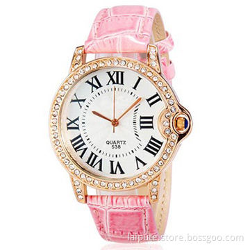 Women's Crystal Decorated Bezel, Roman Number Design Quartz Watch with Faux Leather Strap, Pink